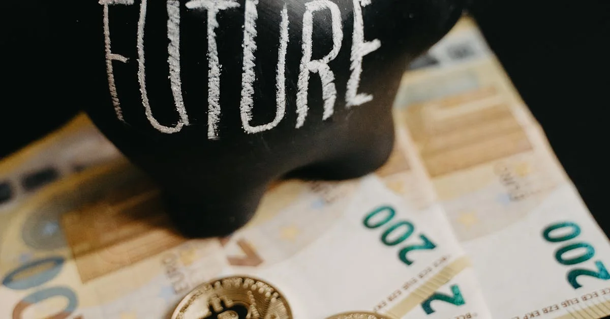 Black piggy bank labeled 'Future' with 200 euro bills and Bitcoin coins, symbolizing modern savings.