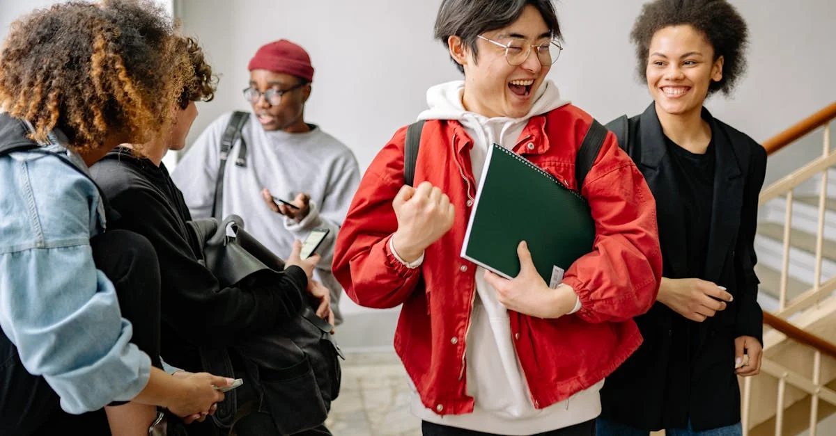 A group of diverse college students happily interacting indoors, showcasing friendship and diversity in a university setting.