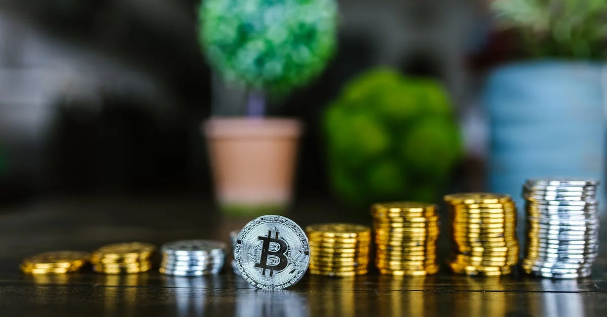 Close-up of a Bitcoin and stacked coins with a blurred plant background, symbolizing finance and investment.