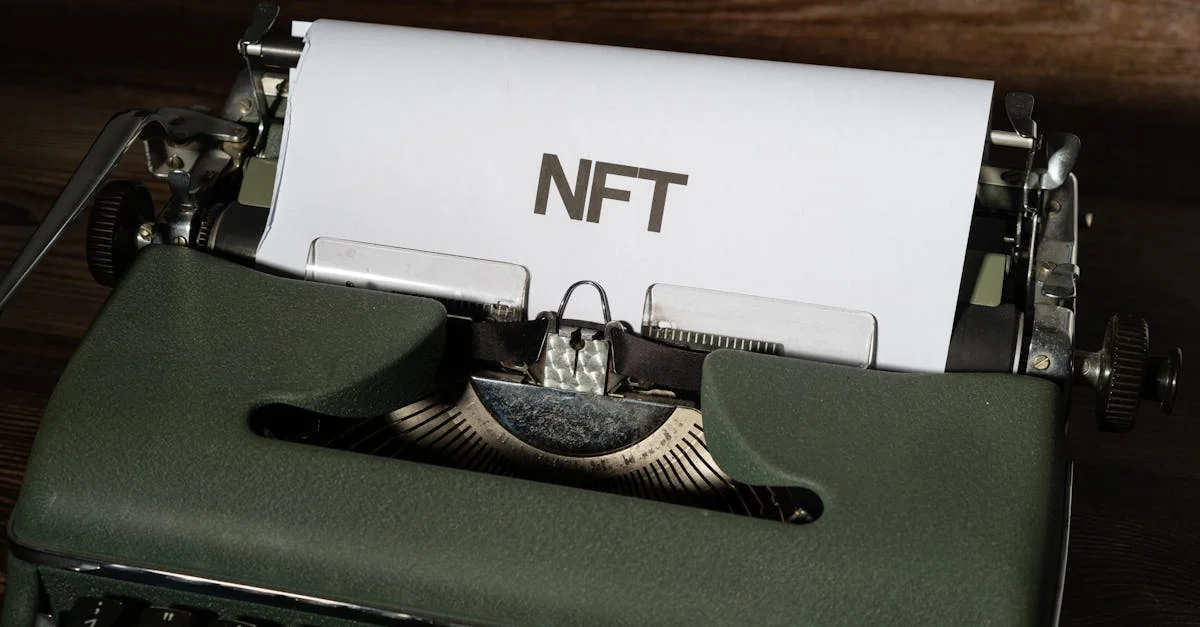 Close-up of a vintage typewriter with the word 'NFT' typed on paper, symbolizing digital innovation.