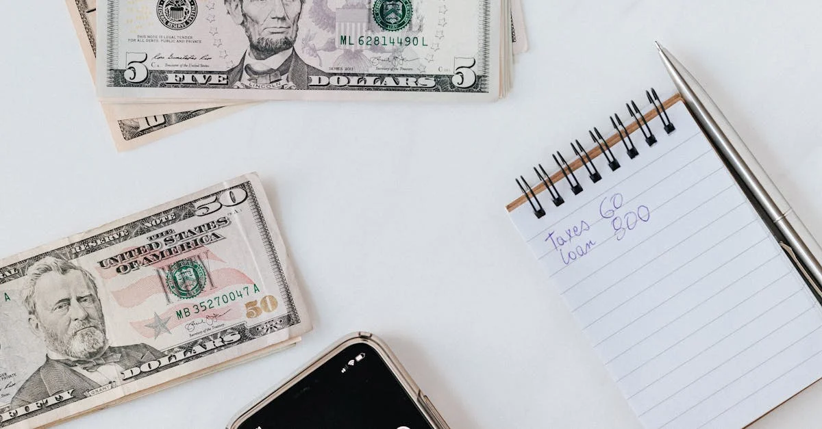 Overhead view of a hand using a calculator with US dollars and notes, representing finance and budgeting.