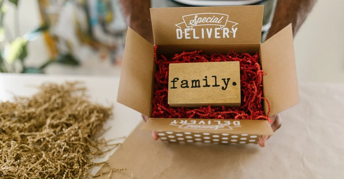 A delivery box containing a family-themed keepsake, perfect for gifts.