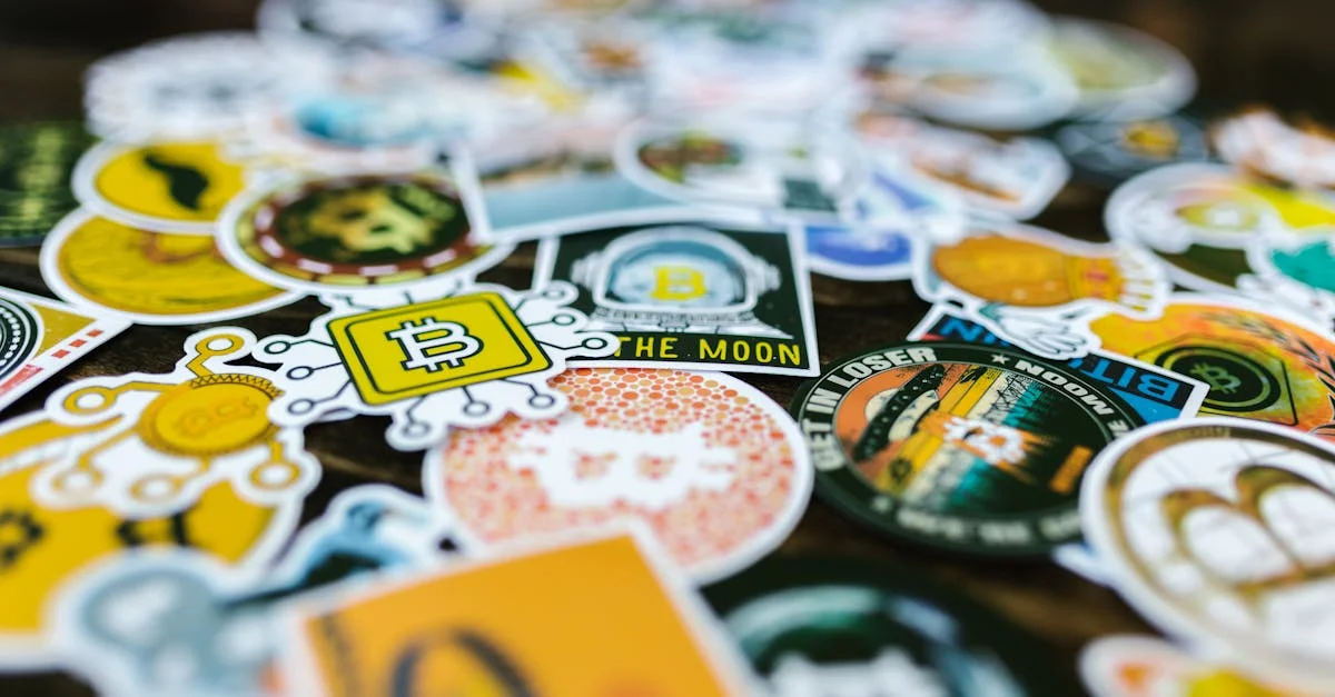 Vibrant Bitcoin and cryptocurrency-themed stickers scattered on a surface.