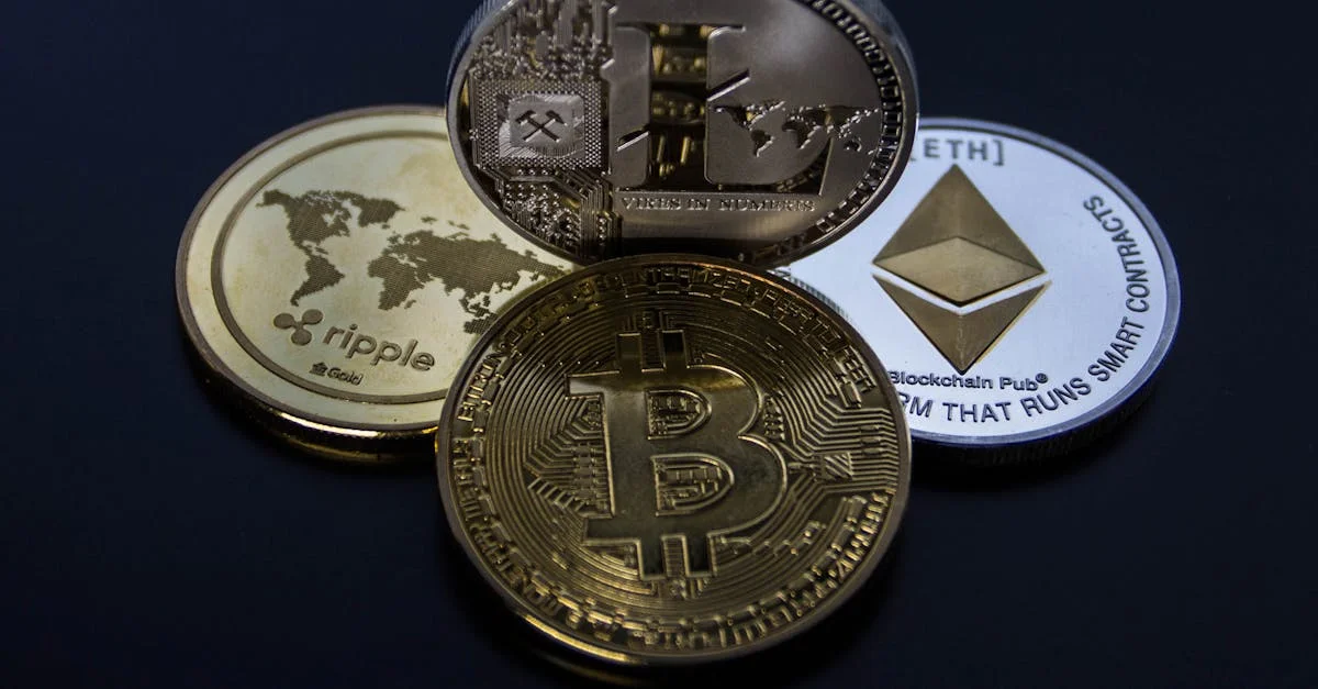 Detailed photo showcasing bitcoin, ethereum, litecoin, and ripple coins representing digital currency.