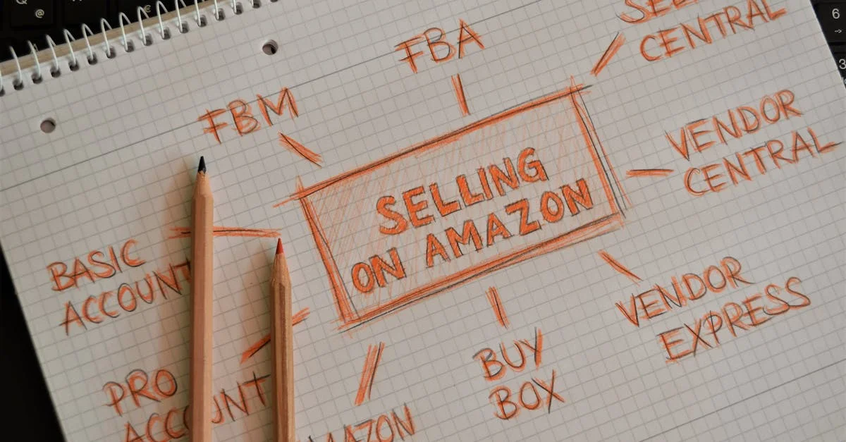 Notebook with handwritten Amazon selling strategy, showcasing business terms and concepts.