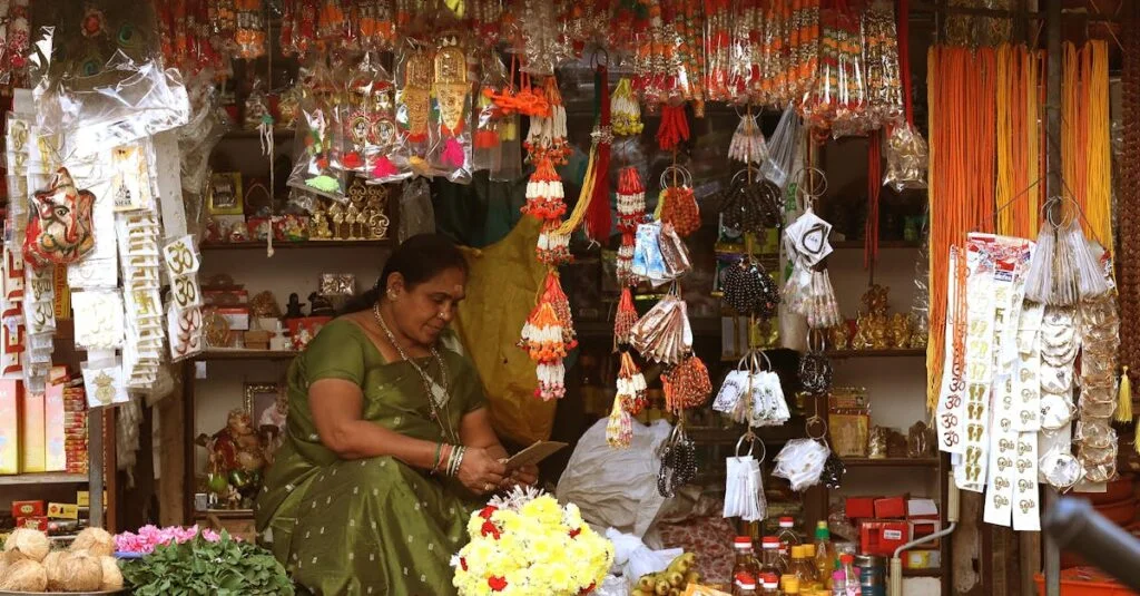 A vibrant street market stall in Chennai, offering traditional Indian goods and decorations.
