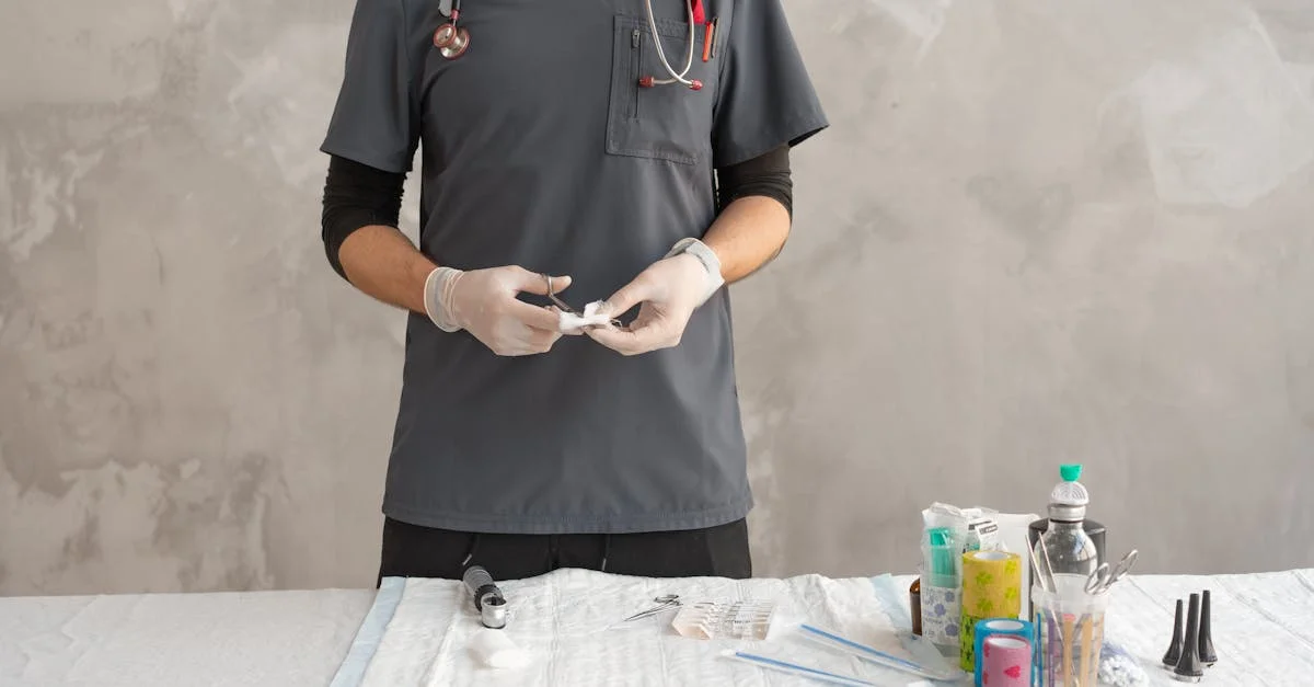 Close-up of a healthcare worker preparing medical tools on a table.