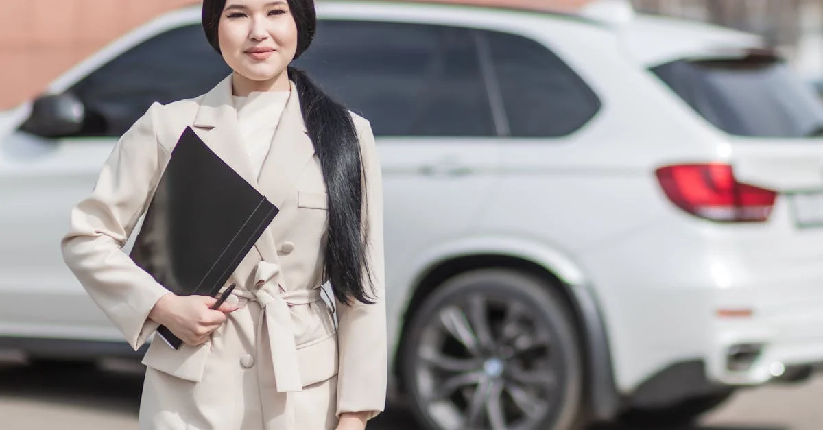 Smiling professional woman standing confidently by a luxury car, embodying success.