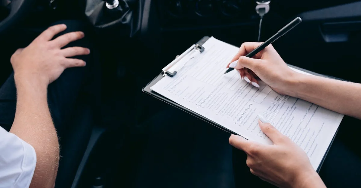 Close-up of a person writing on a clipboard inside a car, showing hands and a gear shift.